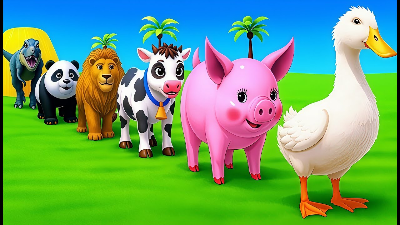 Long Slide Game With 5 Giant Duck Cat Gorilla Monkey Dinosaur Tiger Game Funny 3d Animals