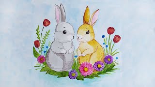 Зайчики на полянке. Акварельная иллюстрация./Bunnies in the meadow. Watercolor illustration.