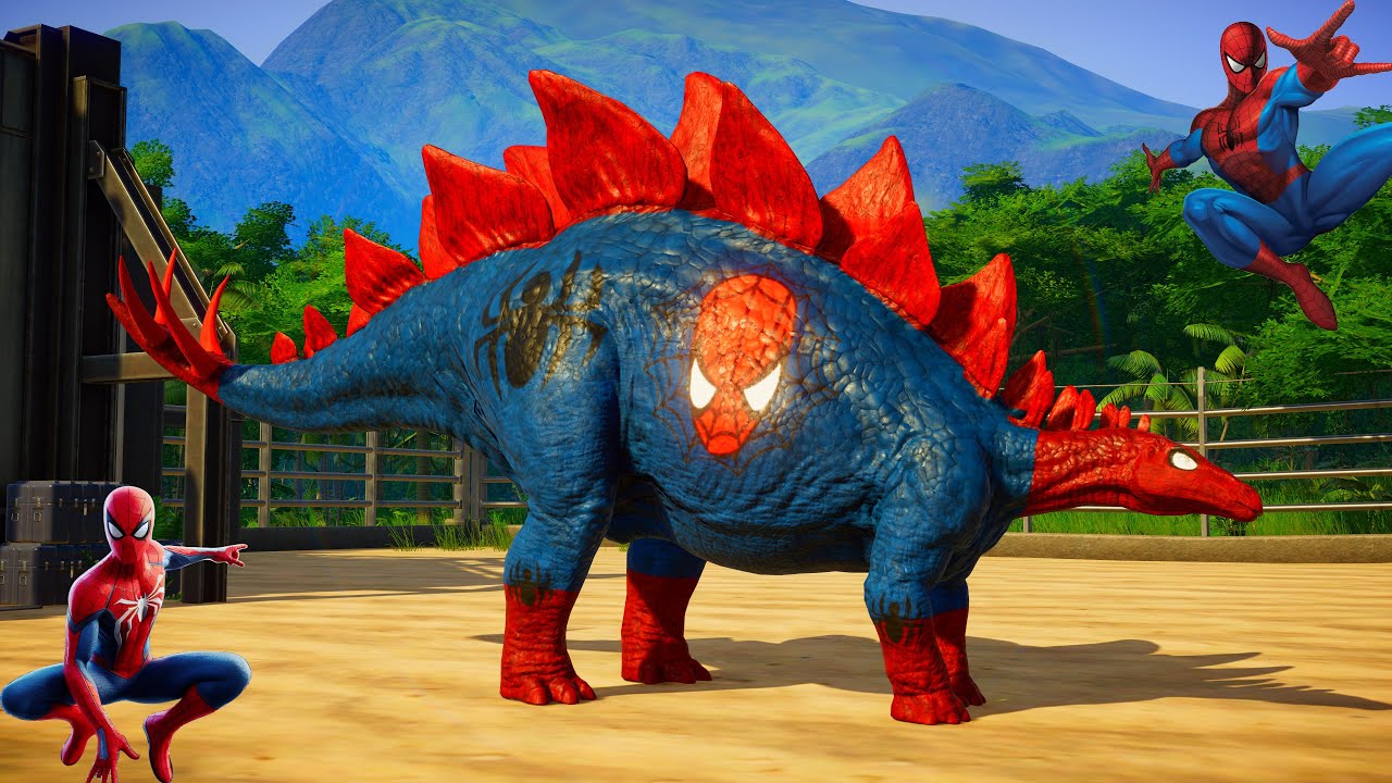 Estegossauro do Homem Aranha vs Alossauro do Batman - Jogo de Dinossauro Jurassic World Evolution