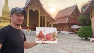 On-site architectural sketching and watercolor (perspective and lighting), Vat Sene Temple