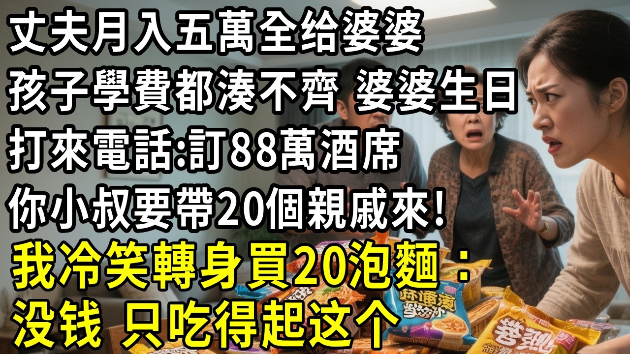 丈夫月入五萬全給婆婆，孩子學費都湊不齊，婆婆生日前打來電話：訂88萬酒席，你小叔要帶20個親戚來！我冷笑轉身買了20泡麵：沒錢，隻吃得起這個#為人處世#人生感悟#中老年生活#翠花的秘密#婆媳#家庭故事