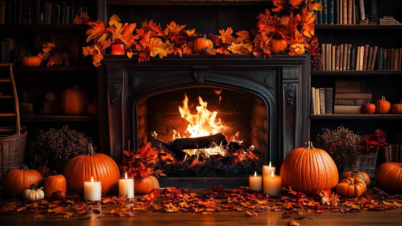🍂 Cozy Autumn Fireplace Ambience | Pumpkins, Falling Leaves, Farmhouse ...