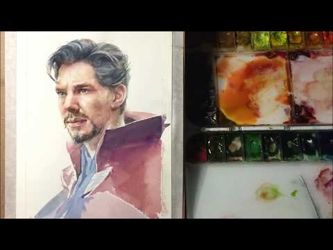 watercolor portrait speed painting of  Doctor Strange( Benedict Cumberbatch)