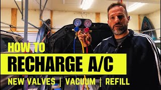 How To Recharge Your Car AC System. New Service Valves, Vacuum and Recharge. Don't skip this step...