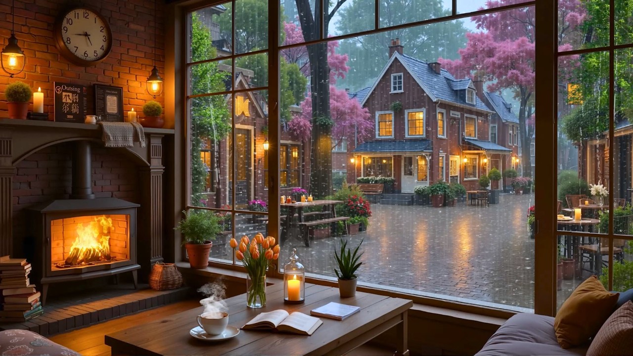 Уютное джазовое кафе под дождем ☕ Нежная фортепианная музыка, звуки дождя и камина