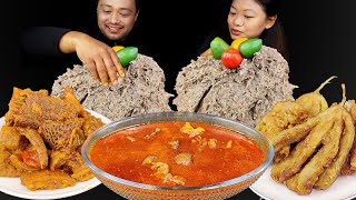 Eating Buff Curry With Dhido, Spicy Buffalo Tripe Curry, Spicy Buffalo Meat, Nepali food Mukbang