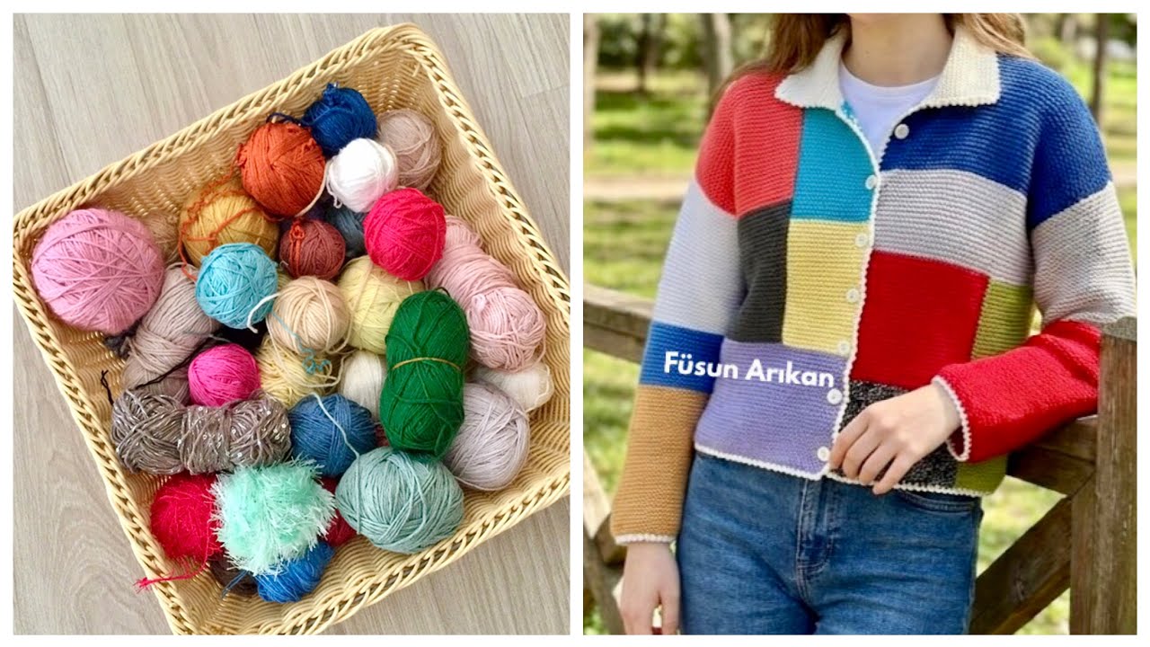 HOW TO KNIT A PATCHWORK CARDIGAN WITH LEFTOVER YARNS - YouTube