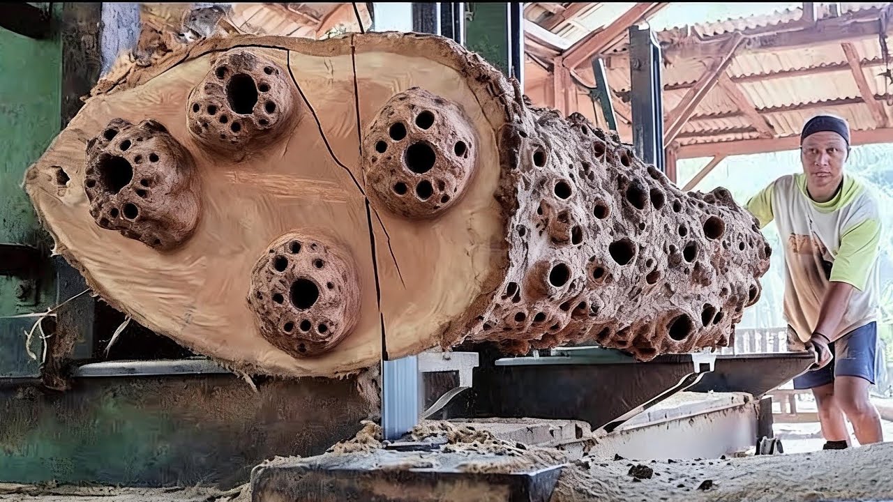 The amazing action of woodworkers sawing teak wood that has lived for ...