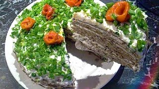 Печёночный торт с омлетными блинчиками и плавлеными сырками