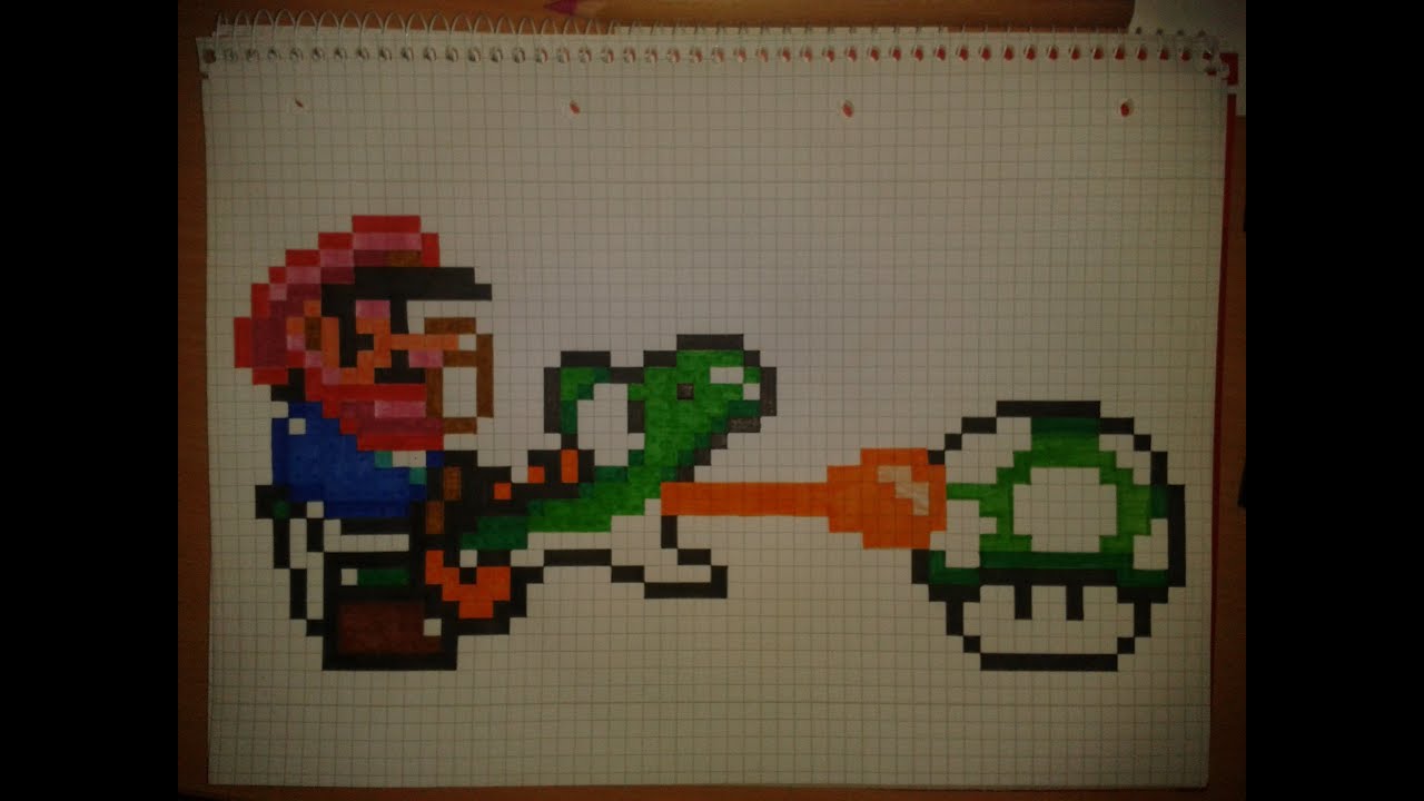 How to: draw pixel small Mario and a green Yoshi collect 1-Up Mushroom