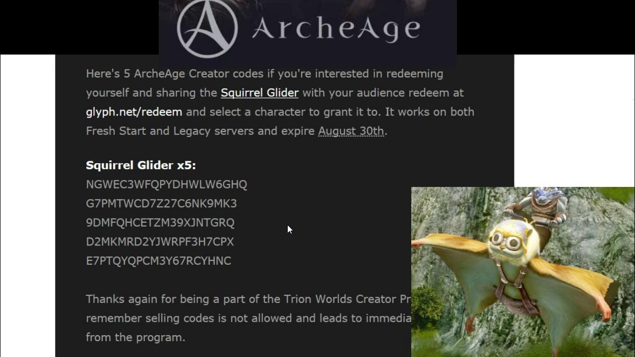 Archeage Squirrel Gliders code giveaway how to claim stuff YouTube