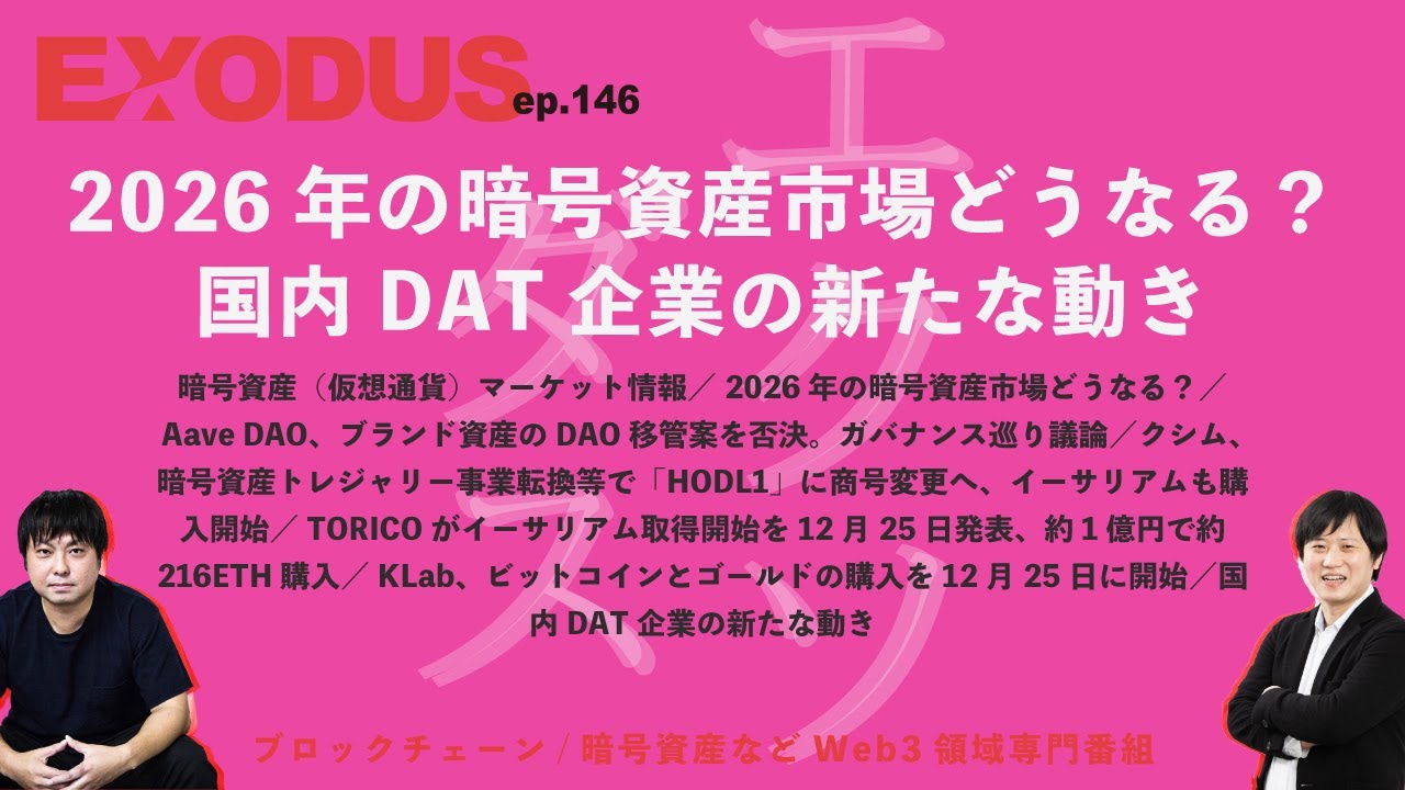 2026年の暗号資産市場どうなる？、クシム（HODL1）やTORICOがイーサリアム購入開始、「Aave DAO」ガバナンス巡り議論（EXODUS  ep.146）