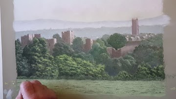 Adding finishing touches to pastel painting "Dawn Mist over Ludlow" artwork for sale
