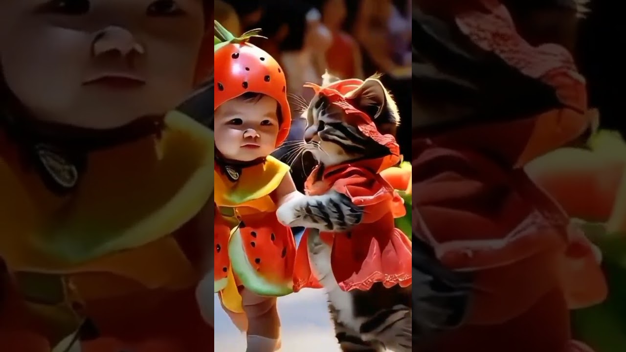 Cute baby walking with cat 