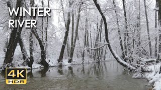 4K HDR Winter River - Snowy Forest Stream - Flowing Water & Snowfall - Sounds for Sleep & Relaxation