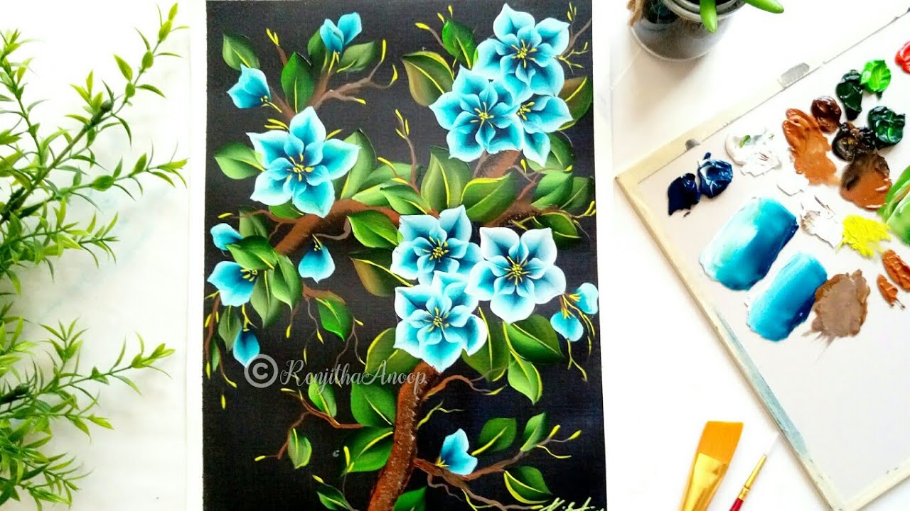 step by step flower painting tutorial | Blue flower painting for ...