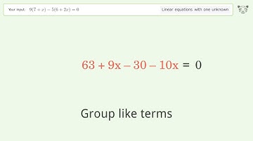 Solve 9(7+x)-5(6+2x)=0: Linear Equation Video Solution | Tiger Algebra