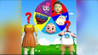Help me choose the right squid game and cocomelon have momy long les , huggy wugyy , cartoon wolfoo