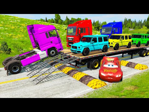 TRANSPORTING PIXAR CARS & FRUITS WITH COLORED & JOHN DEERE vs CLAAS vs TRACTORS 