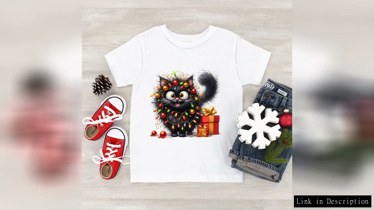 Autumn Winter Christmas Cat Print T-shirt Short Sleeve Crew Neck Tee Cartoon Animal Kitten Children