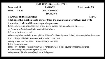 12th EM Biology Unit Test Question Paper Bio Botany and Bio Zoology Reduced Syllabus Nov Test