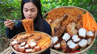 Primitive Girl Cooking Pig Chicken Noodle &amp; Vegetable Recipe Eating So Yummy