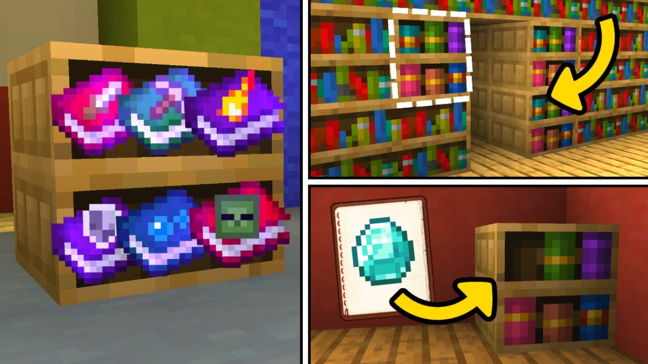 Scott (ECKOSOLDIER) on X: Minecraft Chiseled Bookshelf Can store Books,  Book and Quills, and Enchanted Book Holds up to 6 Books Comparators can  detect the last book placed/removed They do not work