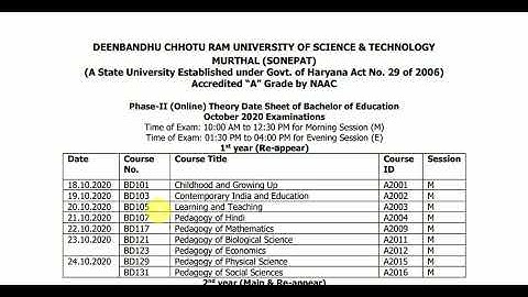 B.Ed 1st (Re-appear) & 2nd (Main & re-appear) year datesheet Deenbandhu Chhotu Ram University DCRUST