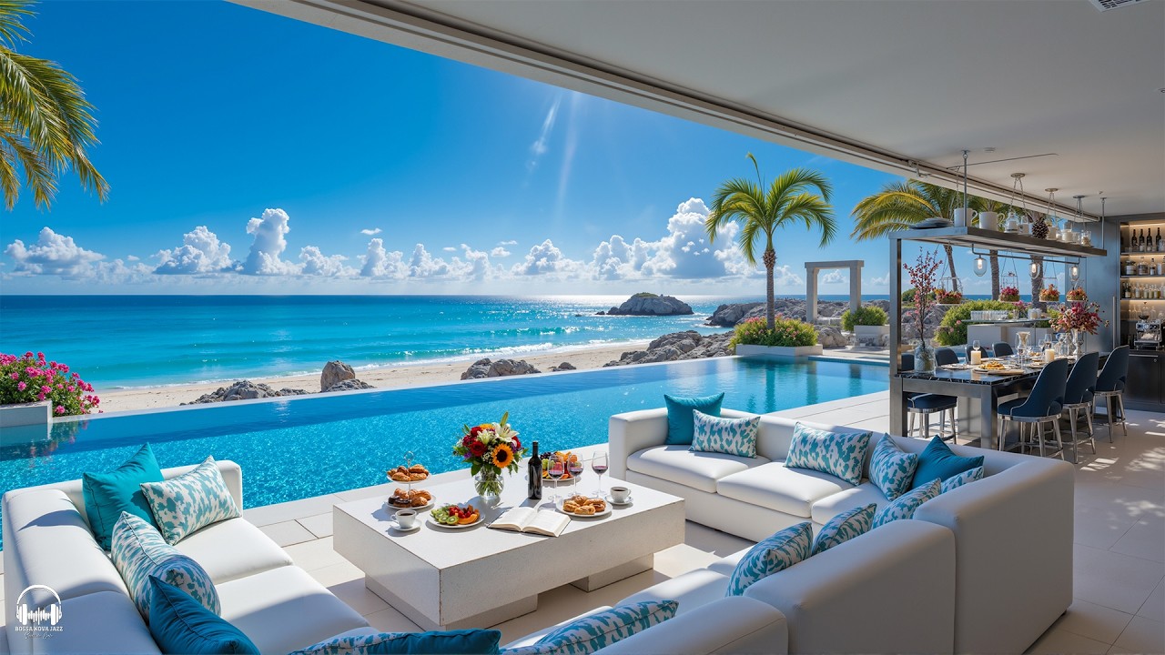 Relaxing Bossa Nova Jazz at Morning Seaside Villa Ambience with Calming Ocean Waves for Great moods