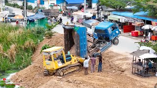 Unexpected New Project Landfilling In Huge Size With Dump Trcuk Fly Unloading And Komatsu Bulldozer