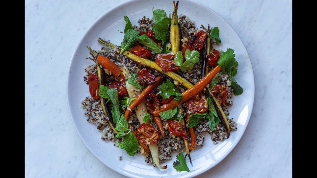 VEGAN Ginger Roasted Cherry Tomatoes with Cumin Roasted Carrots, Quinoa & a Nectarine Dressing