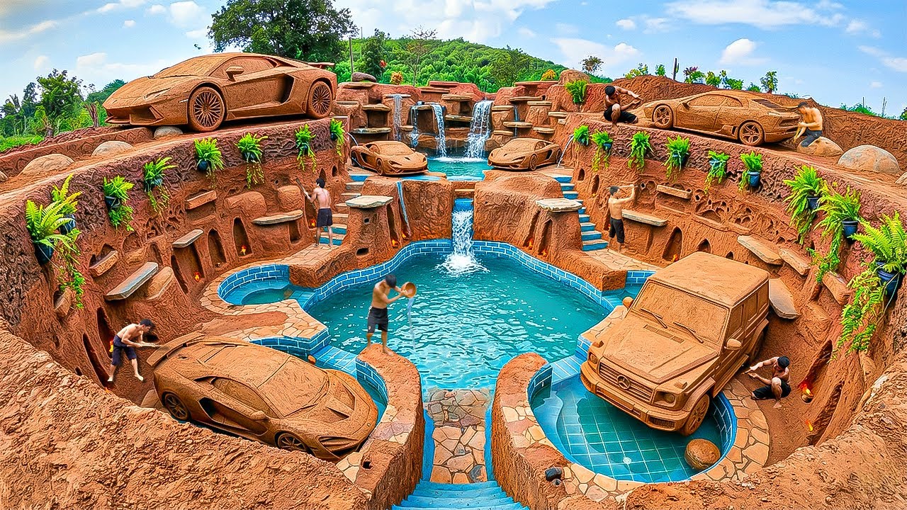 180 Days Building an Underground Luxury Clay Villa with a Supercar Pool System Using Primitive Tools