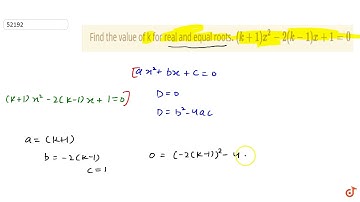 Find the value of k for real and equal roots`.(k+1)x^2-2(k-1)x+1=0`