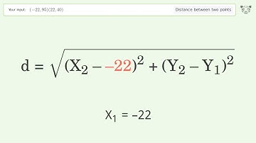 Find the distance between two points p1 (-22,95) and p2 (22,40): Step-by-Step Video Solution