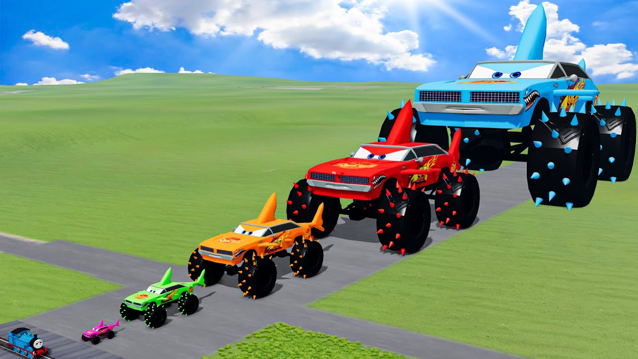 Big & Small Colors Shark Monsters Lightning Mcqueen vs Trains Thomas | BeamNG.Drive