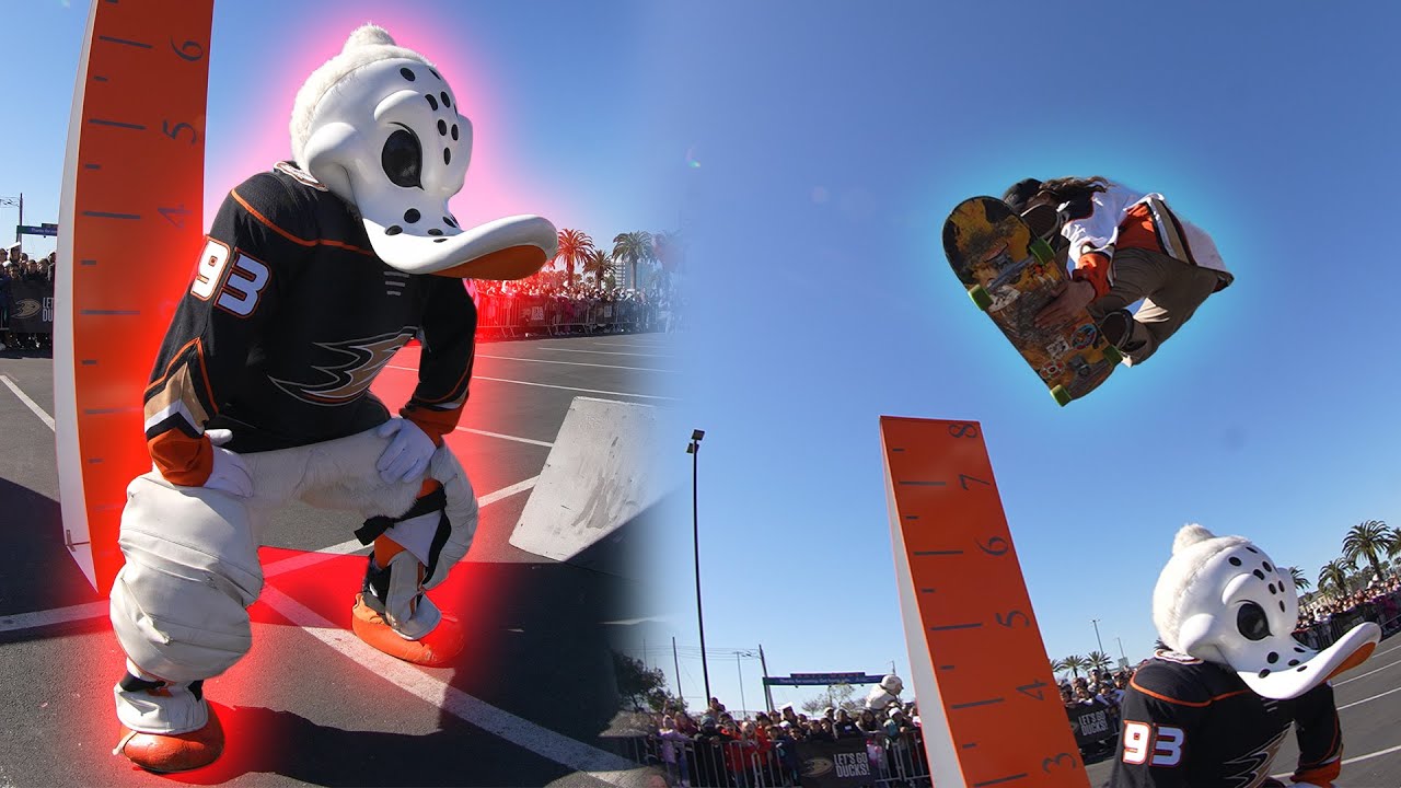 SKATEBOARDING OVER THE ANAHEIM DUCKS MASCOT?! 