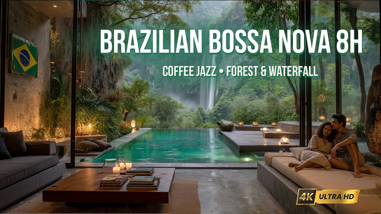 🔴 Beach Café Bossa Nova 8 Hours ☕🌿 Brazilian Smooth Jazz Fusion • Forest Waterfall Lounge