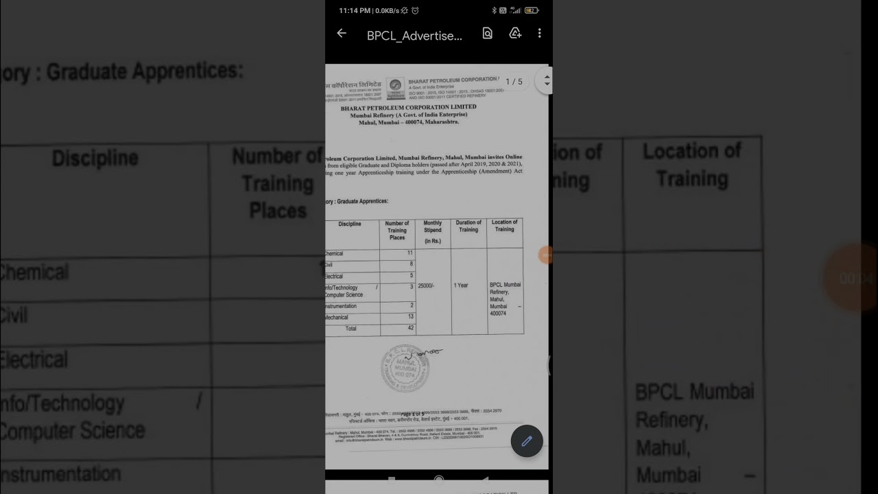 BPCl Apprentice|| 1 year training||Graduate and Diploma apprentice