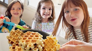 making waffles for mom!!  backyard games and pirate island fun with family! best mother's day ever