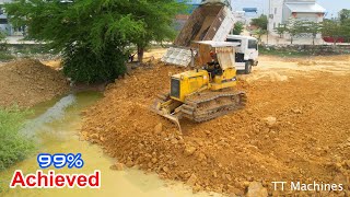 Good Job 99% Achieved Delete Small Pond By Team Komatsu Bulldozer Pushing Stone Into Water & Truck5T
