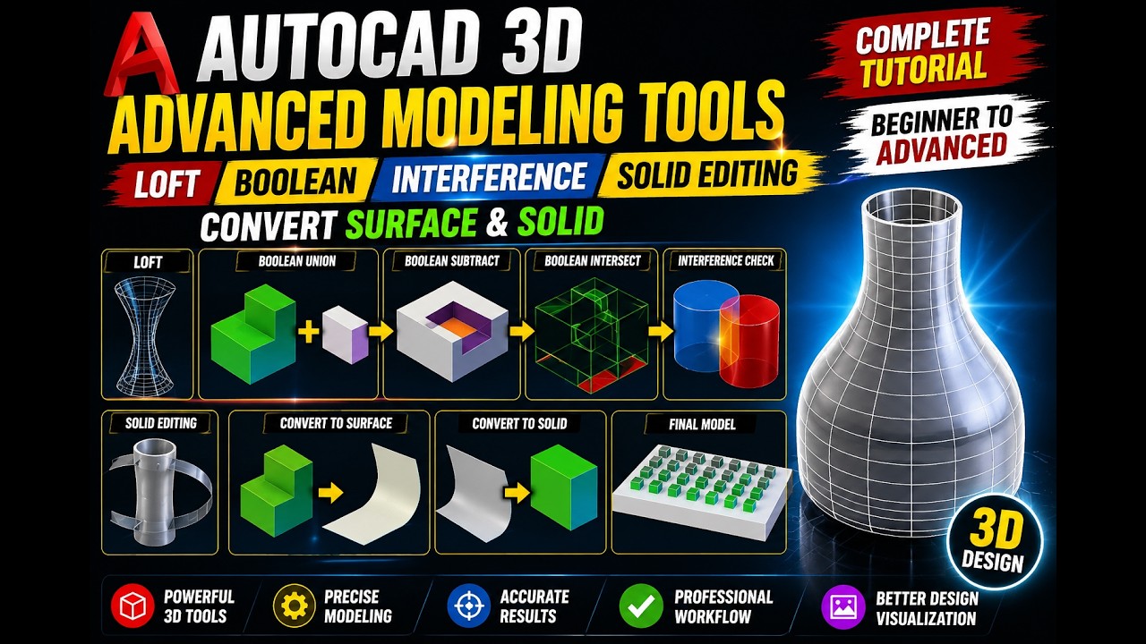 “AutoCAD 3D Loft, Boolean, Interference & Solid Editing Tools Tutorial ...