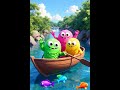A group of colorful, fuzzy monster characters in a small wooden rowboat on a clear blue river.