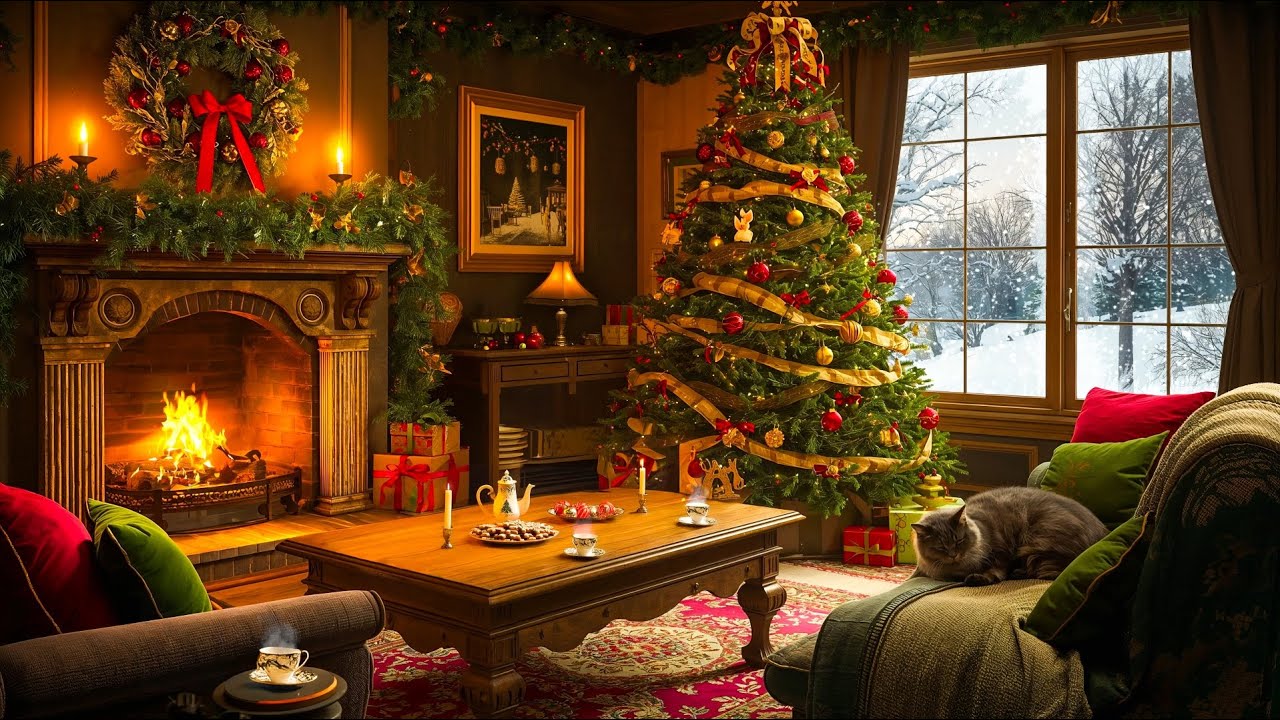 Soothing Christmas Music by the Fireplace on a Snowy Christmas Day to Relax - Cozy Christmas Moments