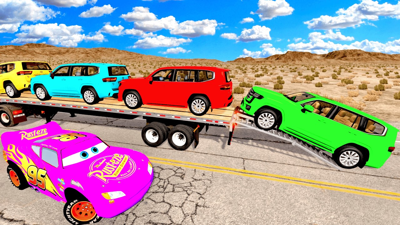 TRANSPORTING PIXAR CARS & FRUITS WITH COLORED & JOHN DEERE vs CLAAS vs TRACTORS - BeamNG.drive #983