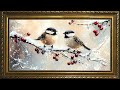 Snowy Winter Birds Vintage Oil Painting Gold Framed TV Art Screensaver With Calm Music