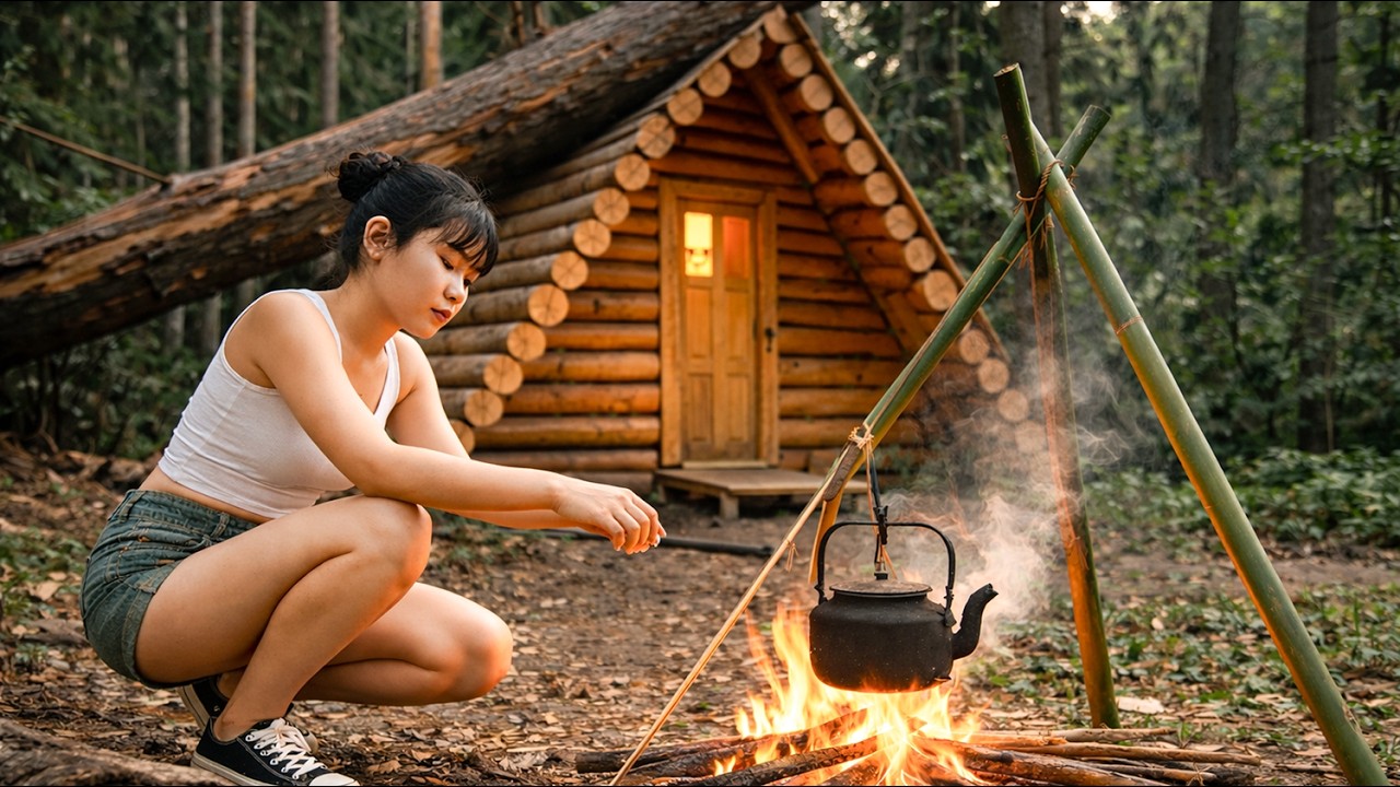 Building a Wooden Hut in the Forest for Shelter | A Girl's 24-Hour Solo ...