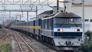 【4K高画質】【西濃カンガルーライナー・ジョイント音最高！】JR貨物EF210形119号機（新塗装）＋コキ20両が東田子の浦駅1番線を通過！（2059レ・新A214・コンテナ輸送）2024.9.29