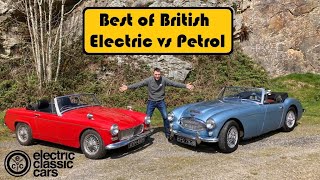 Electric MG Midget vs petrol powered Austin Healey 3000. Classic British sportscar road test.
