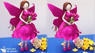 Crepe paper flower fairy doll , rose fairy | Tutorial de muñeca de hadas de flores de papel crepé