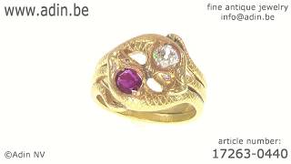 Victorian gold double serpent snake ring with big diamond and ruby. (Adin reference: 17263-0440)